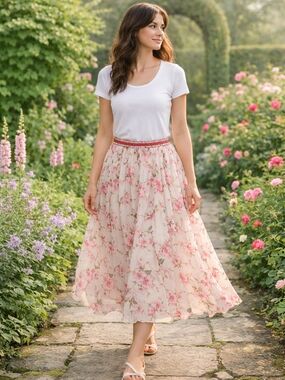 Afibi Cherry Blossom Floral Midi Skirt - Pink